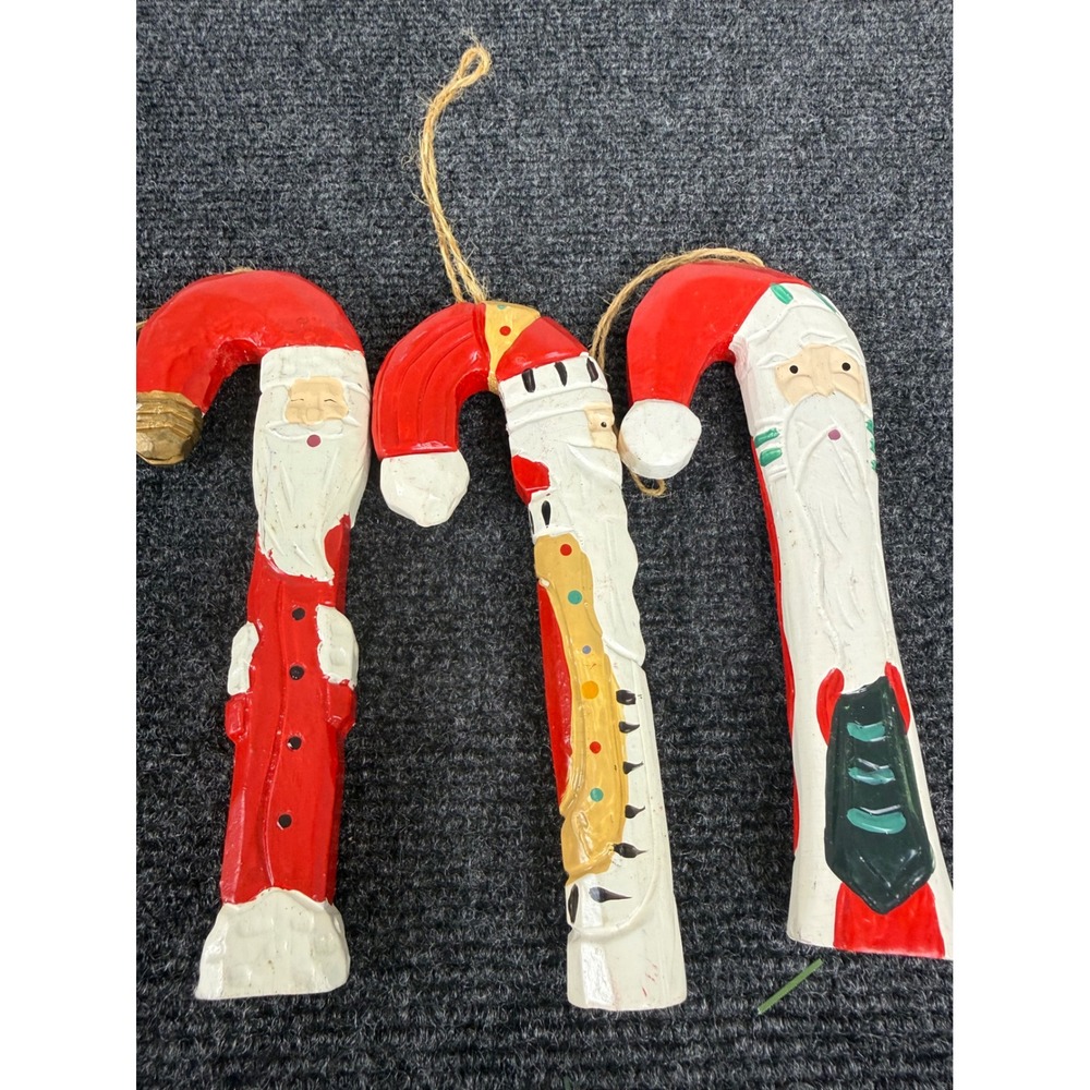 Vintage Style Hand Painted Santa Claus Candy Cane Ornaments Set of‎ 3 Folk Art